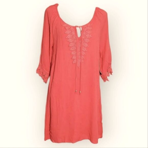 NWT Naif Coral Orange 3/4 Sleeve Knee Length Shift Dress - Picture 1 of 4